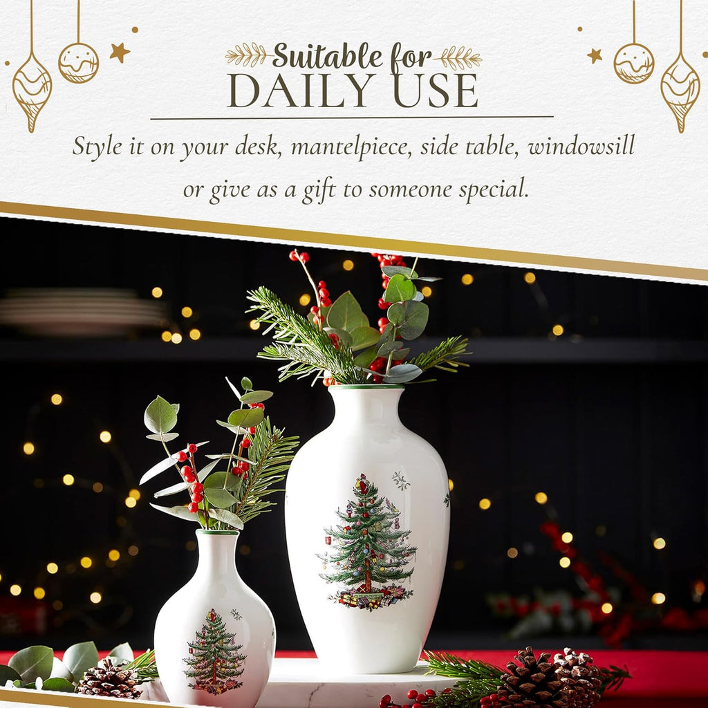 Spode Christmas Tree 10" Posy Vase - Elegant Ceramic Flower Vase, Holiday Centerpiece for Floral Arrangements & Home Decor - Beautiful Handcrafted Accent for Festive Decorations