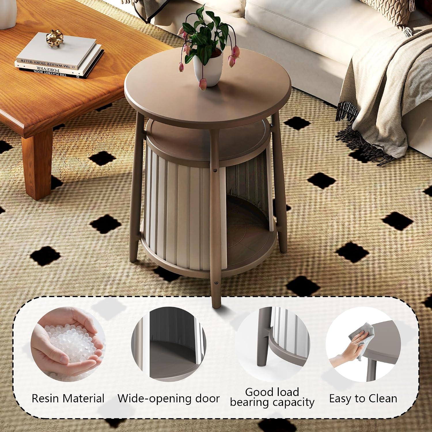 End Table,Resin Bedside Table with Storage,Side Table for Living Room Bedroom Balcony Indoor Outdoor(Grey)