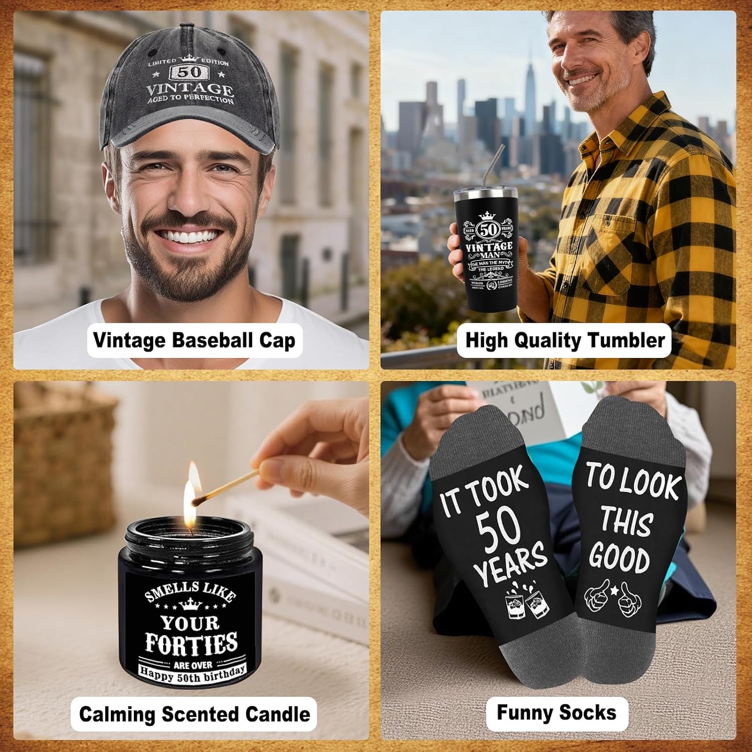 50th Birthday Gifts for Men - Unique Birthday Box with 20 Oz Tumbler, Baseball Cap, Socks, Bracelets, Scented Candle, Happy 50th Birthday Decorations for Husband, Dad, Grandpa, Friends, Boss