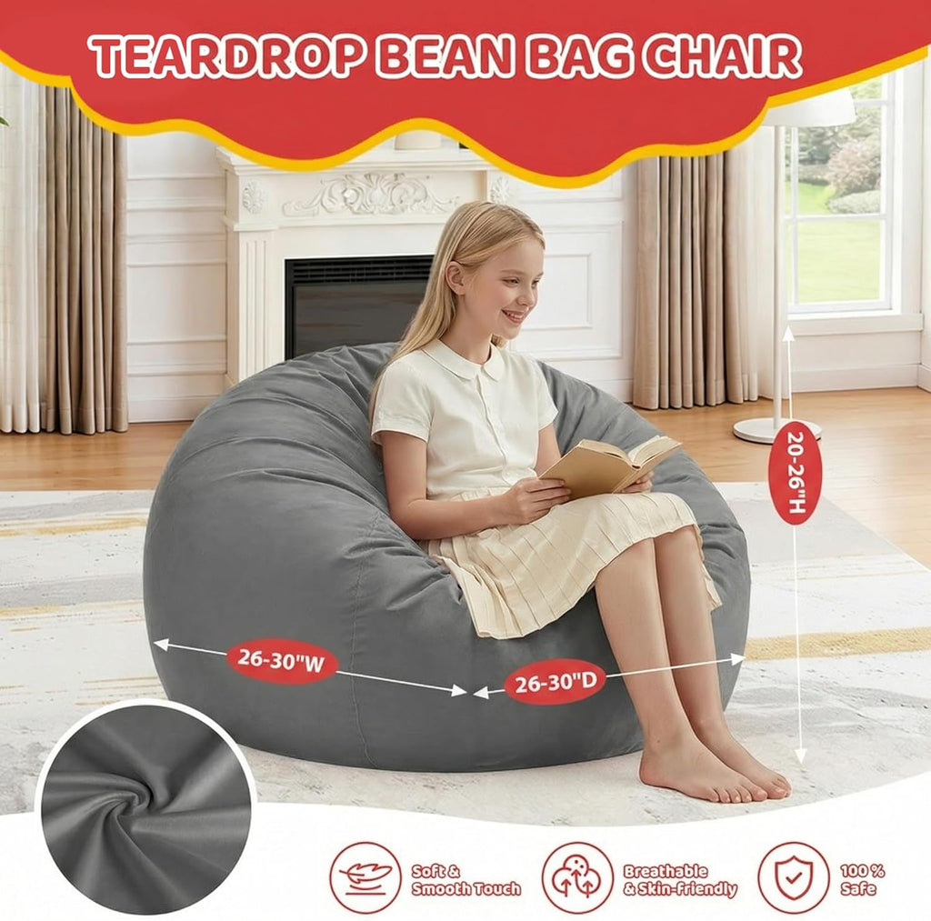 2FT Bean Bag Chair, Comfy Bean Bag Chairs with Memory Foam Filled, Fluffy Beanbag Sofa with Dutch Velvet Cover, Teardrop BeanBag Chairs for Living Room, Playroom - Grey