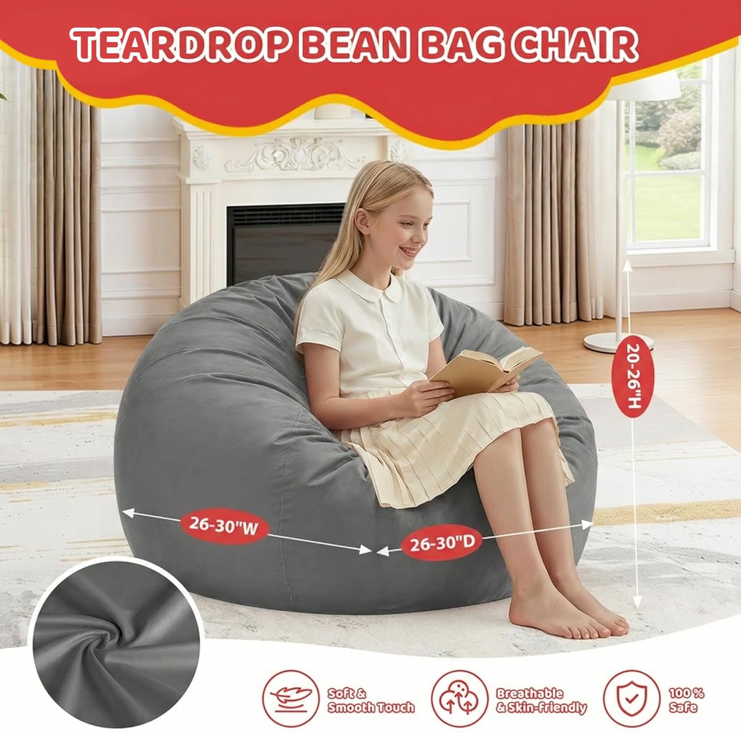 2FT Bean Bag Chair, Comfy Bean Bag Chairs with Memory Foam Filled, Fluffy Beanbag Sofa with Dutch Velvet Cover, Teardrop BeanBag Chairs for Living Room, Playroom - Grey