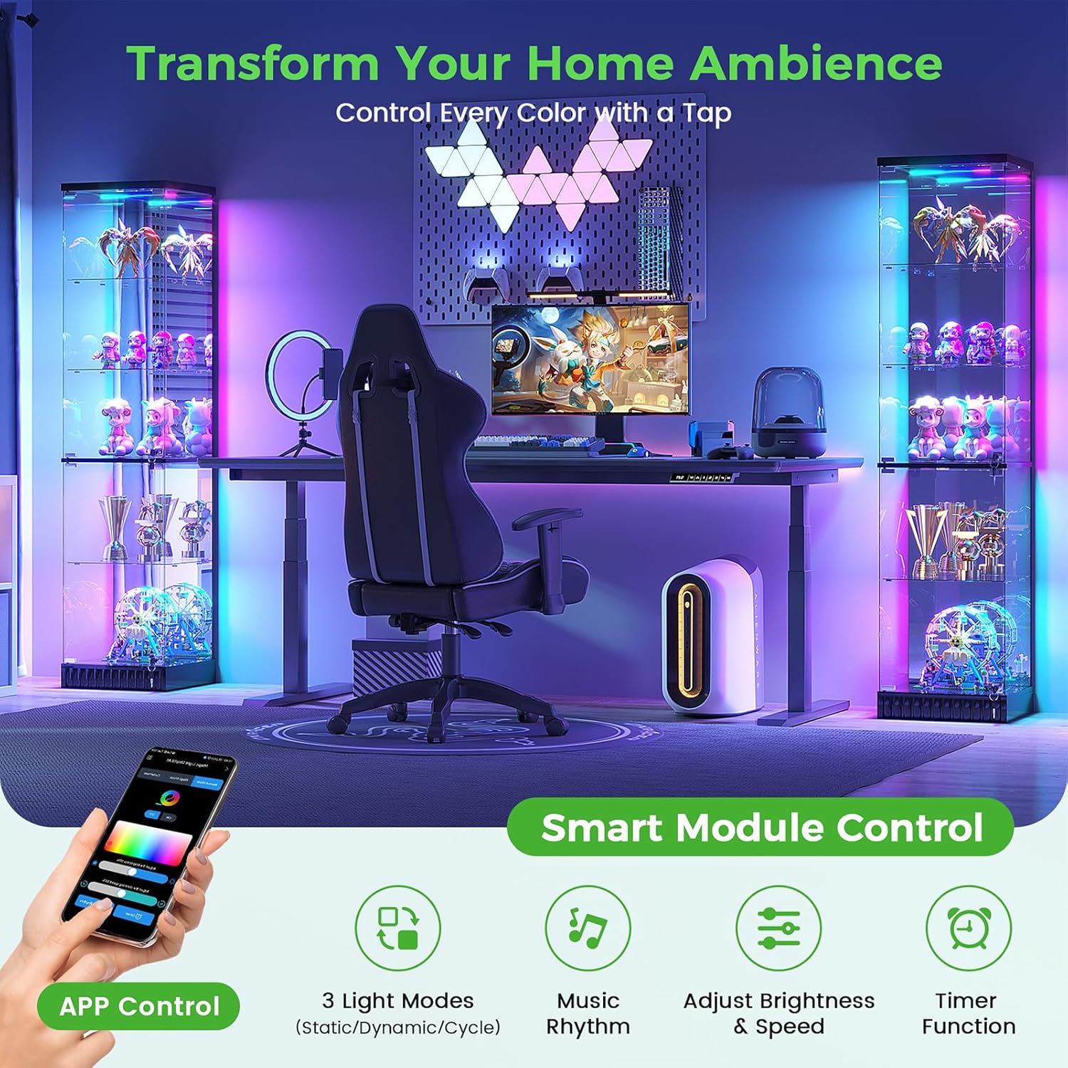 HNEBC Glass Display Cabinet, LED Display Case with RGB Lighting, Lockable Curio Cabinet with Explosion-Proof Glass Doors for Collectibles,5-Tier China Cabint with Motion Sensor Light-Black