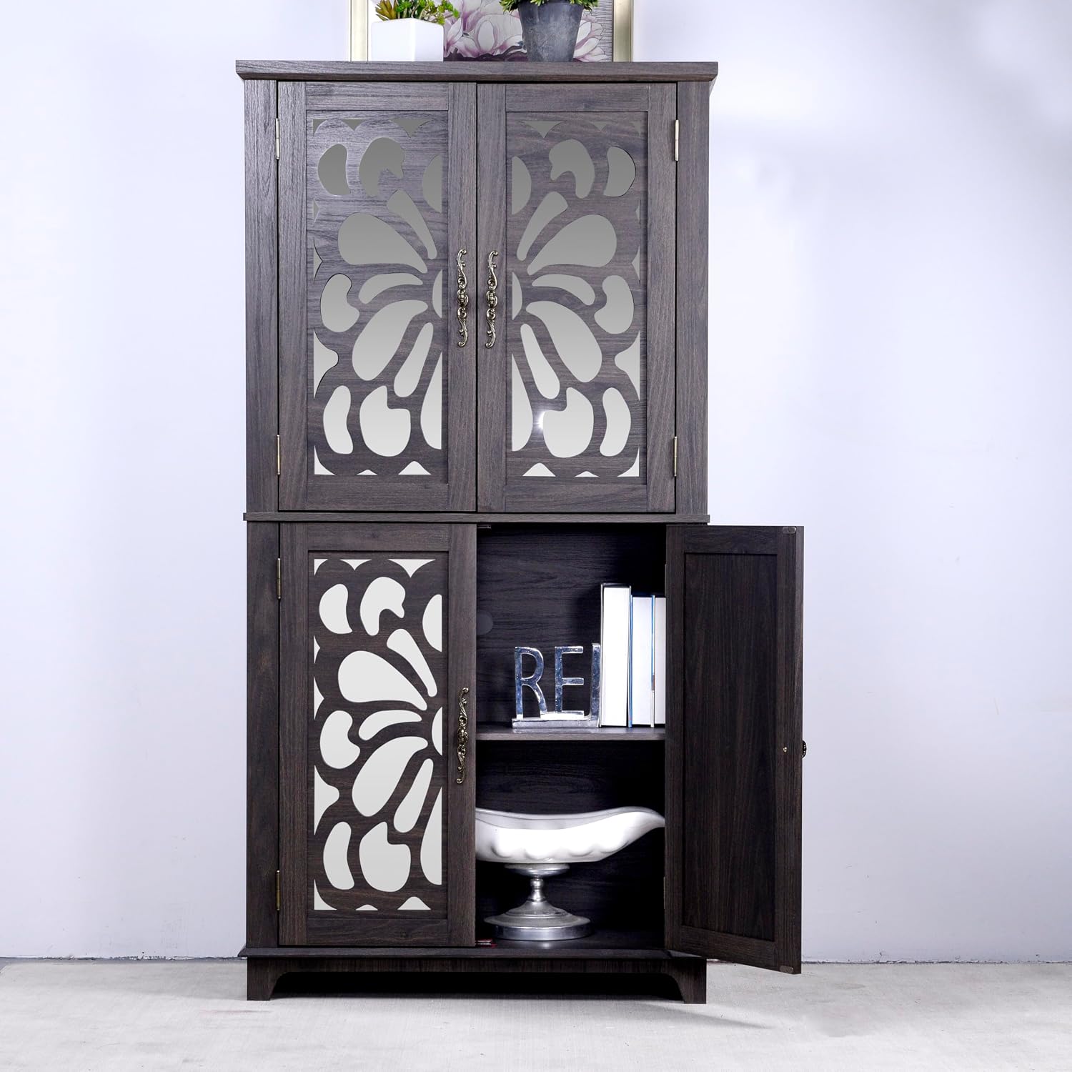 JIJIWANG Kitchen Pantry Storage Cabinet with Acrylic Mirrored Doors,Large Sideboard Buffet with Adjustable Interior Shelf,for Dining Room, Living Room, Hallway,Brown