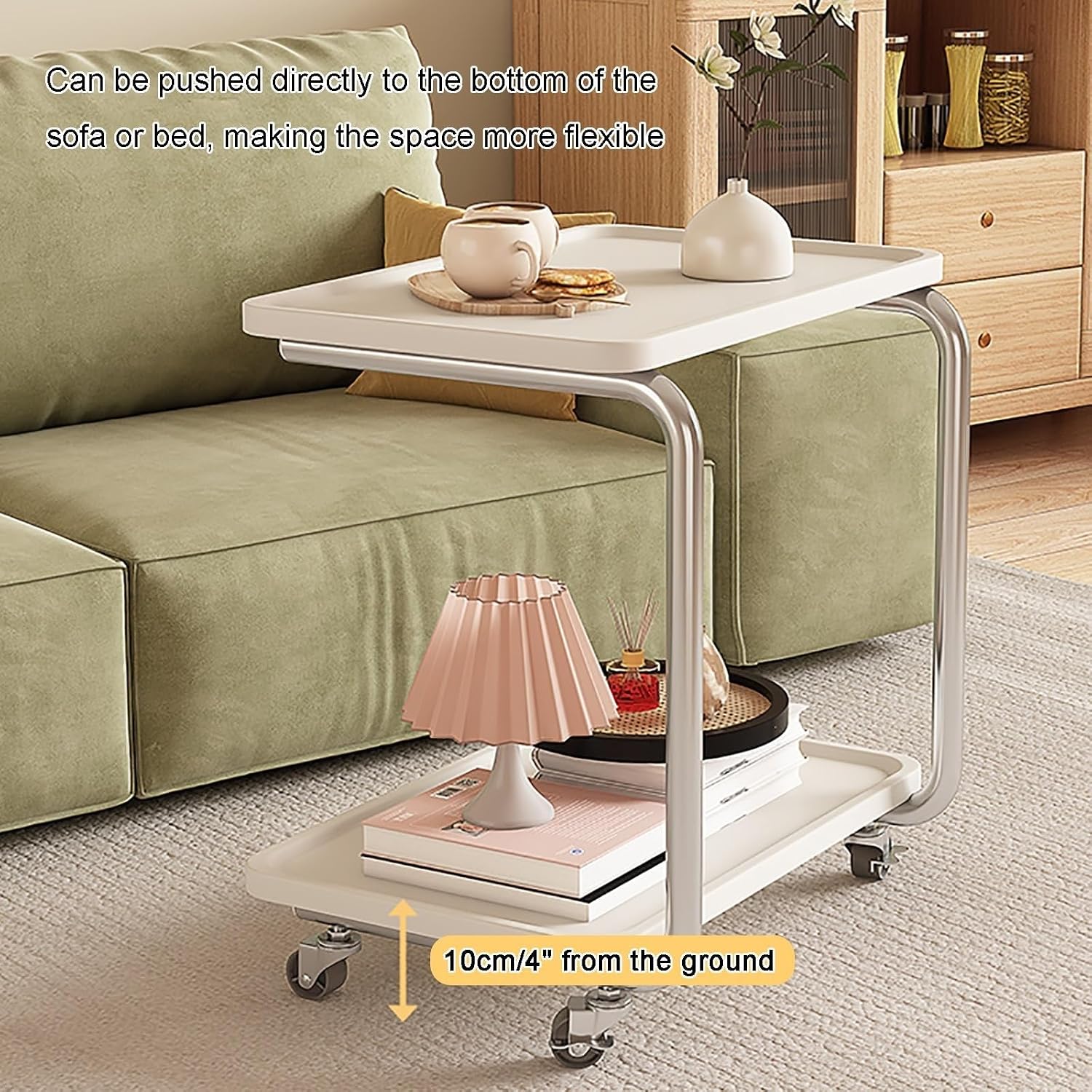 C Shaped End Table with Wheel TV Tray Sofa Table Metal Frame Waterproof Top Movable Laptop Side Table for Living Room Lightweight