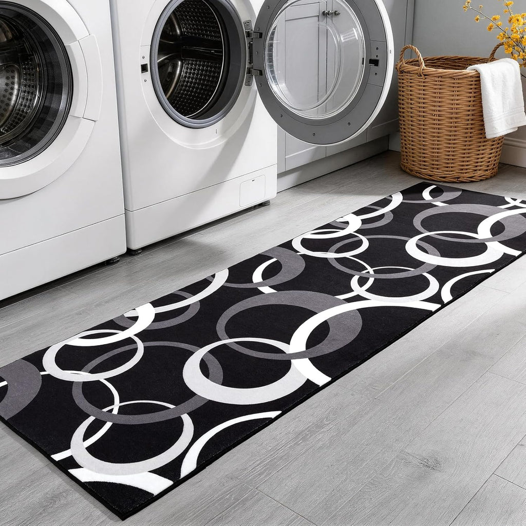 YIHOUSE Washable 2x8 Hallway Runner Rug Non Slip, Black and White 8ft Rug Runners for Bathroom Kitchen Non Skid, Geometric Circle Modern Carpet Runner for Entryway Bedroom