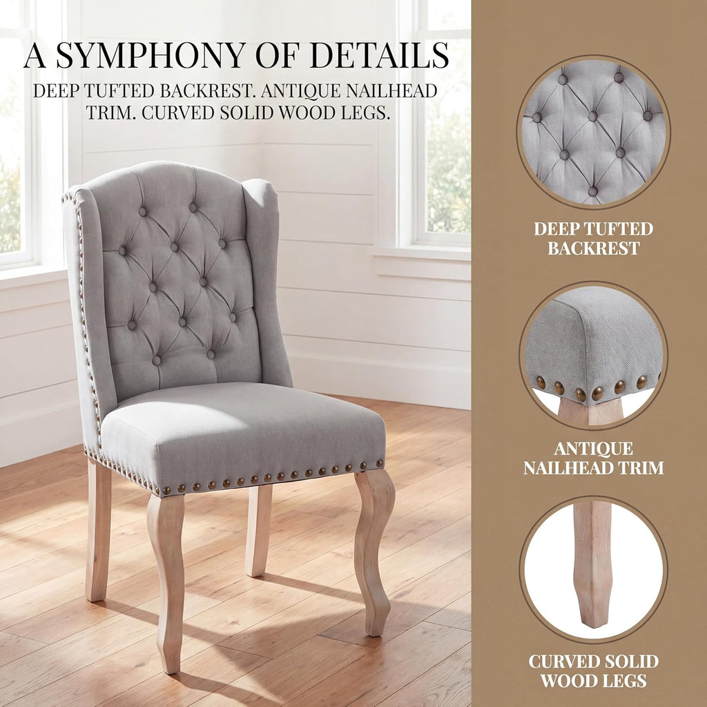 Dining Chairs Set of 2 with Solid Wood Legs, Linen Farmhouse Accent Chairs Side Host Kitchen Chair with Tufted Back for Dining Room/Living Room/Bedroom, Light Grey