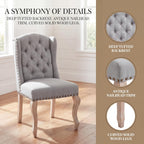 Dining Chairs Set of 2 with Solid Wood Legs, Linen Farmhouse Accent Chairs Side Host Kitchen Chair with Tufted Back for Dining Room/Living Room/Bedroom, Light Grey