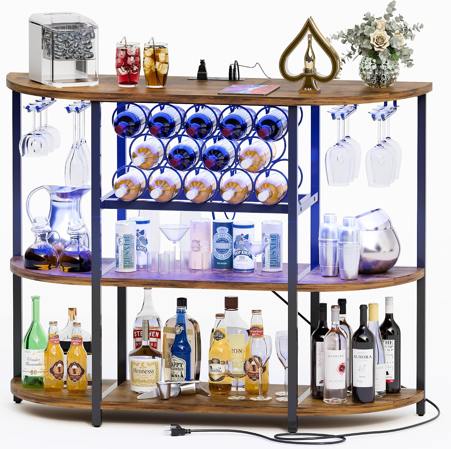 Furmax Wine Bar Cabinet for Liquor Bar Table Bar Cabinet with Lights and Outlet 4-Tier Storage Freestanding Wine Racks with Glass Holder Mini Bars for Home, Bar