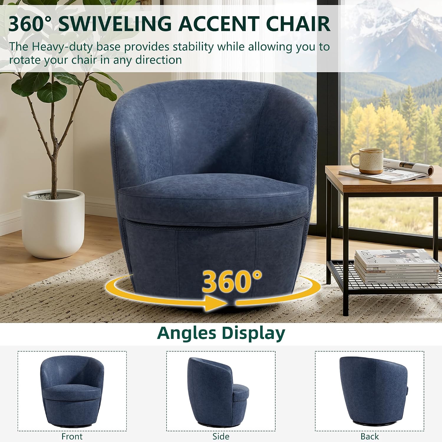Swivel Accent Chair, Faux Leather Barrel Chair Upholstered Armchair for Living Room, Modern Round Arm Club Chair with Metal Base - Navy Blue, Set of 1