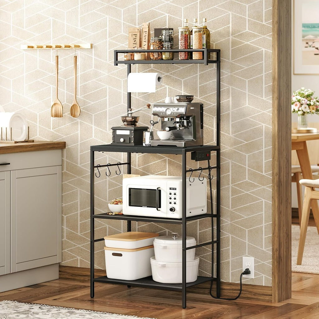 MAHANCRIS Bakers Rack with Storage, Microwave Stand with Paper Holder, Bakers Rack with Power Outlet, Coffee Bar Station with 6 Hooks, for Kitchen, Dining Room, Black BRBK36E01