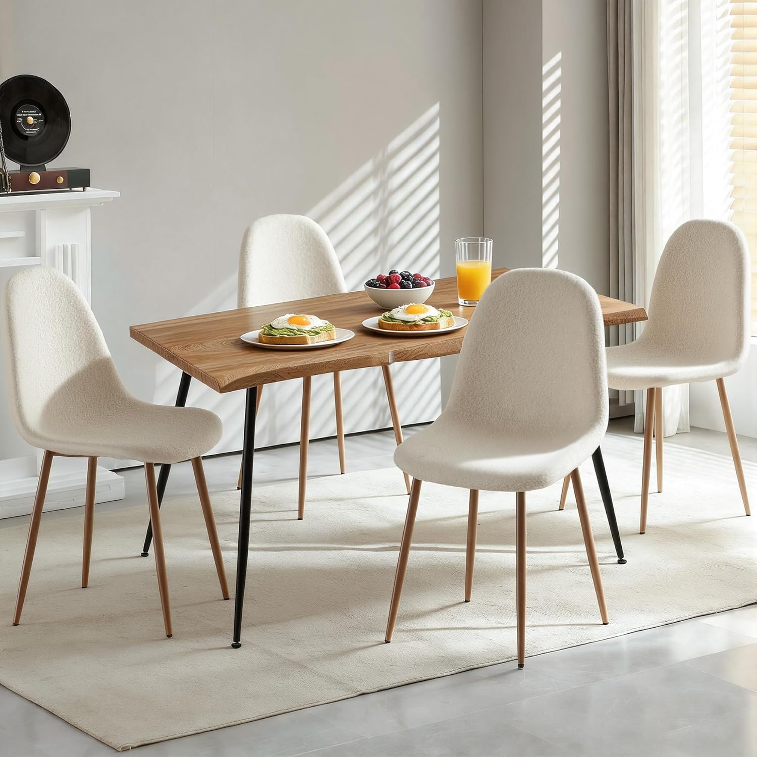 Howtek 5 Piece Dining Table Set, Modern Rectangular Kitchen Dining Room Table with 4 Teddy Fabric Dining Chairs, Space-Saving Kitchen Table Set for Apartment, Living Room, Small Space