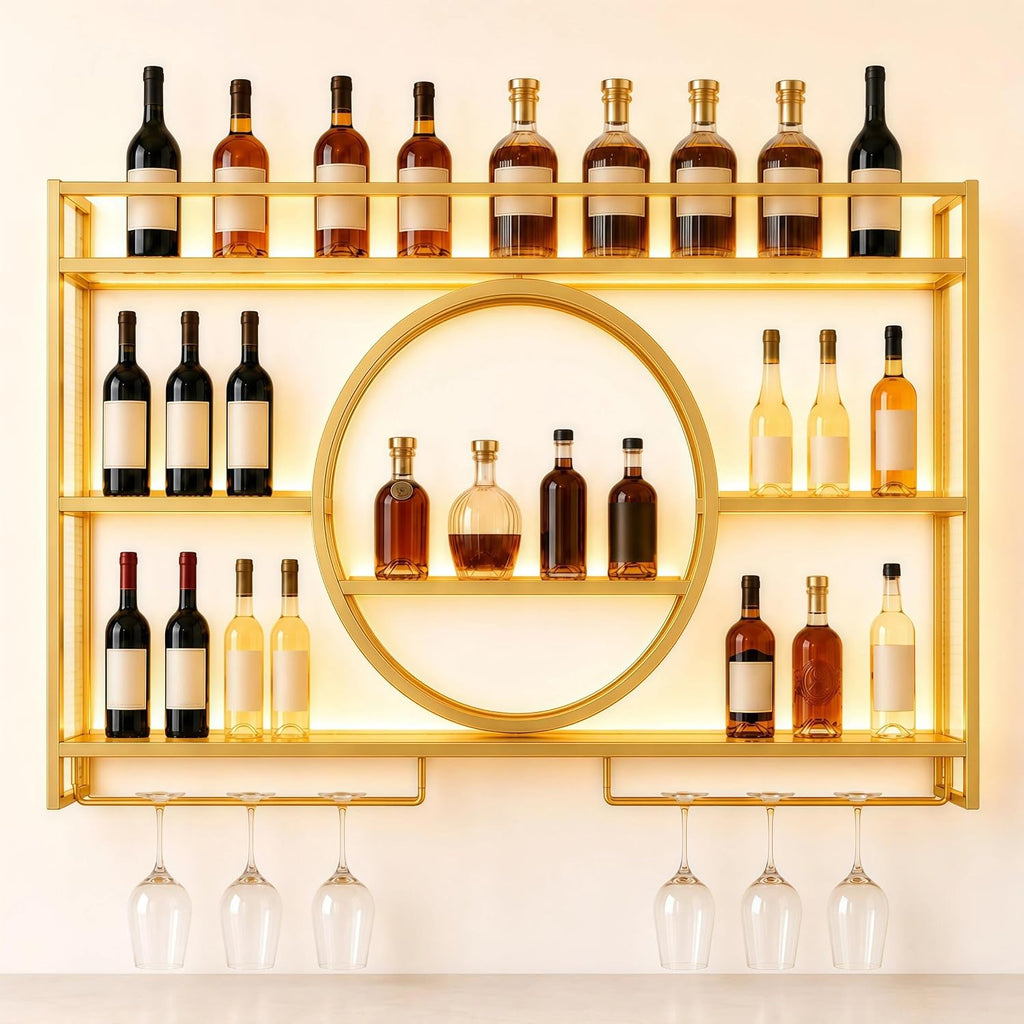 Wine Rack Wall Mounted with LED Lights - 3 Tier Metal Liquor Bottle Display Shelf with Glass Holder, Modern Home Bar Decor for Kitchen and Dining Room (Gold, 39.4 Inch)