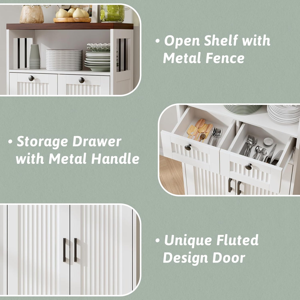 Buffet Cabinet, Fluted Sideboards with 2 Drawers and Doors, Open Compartment & Adjustable Shelf, Small Cabinet for Kitchen, Entryway, Modern White