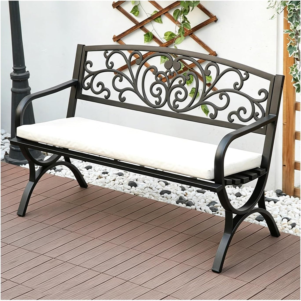 Garden Benches for Outdoors, Patio Benches for Outdoors, Crafted from Wrought Iron, It is Suitable for Use in Parks, Courtyards, and Porches.(Black,Cross-Shaped seat Cushion)
