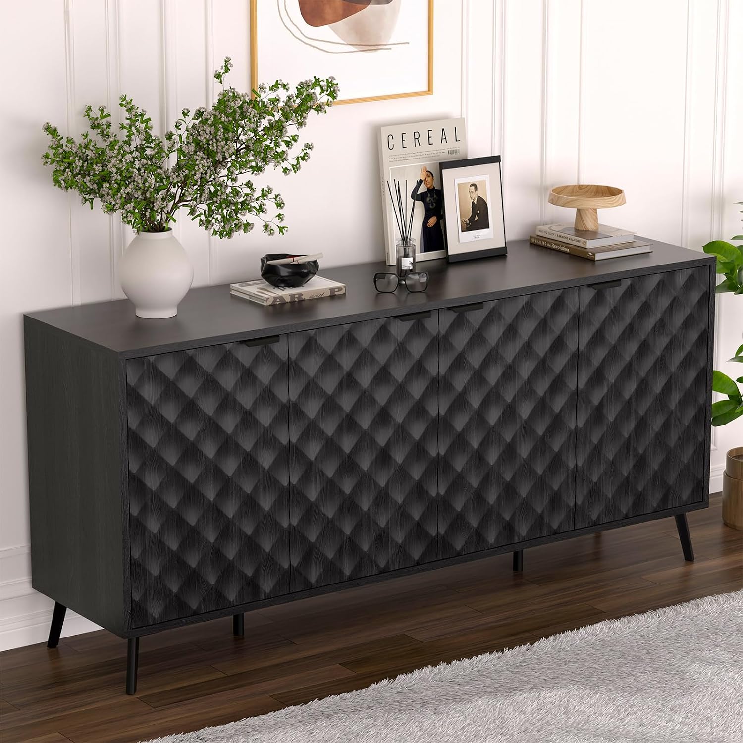 63" Fluted Sideboard Buffet Cabinet with Storage, Diamond Shaped Relief Storage Cabinet with 4 Doors and Adjustable Shelves for Living Room, Entryway, Hallway (Black)