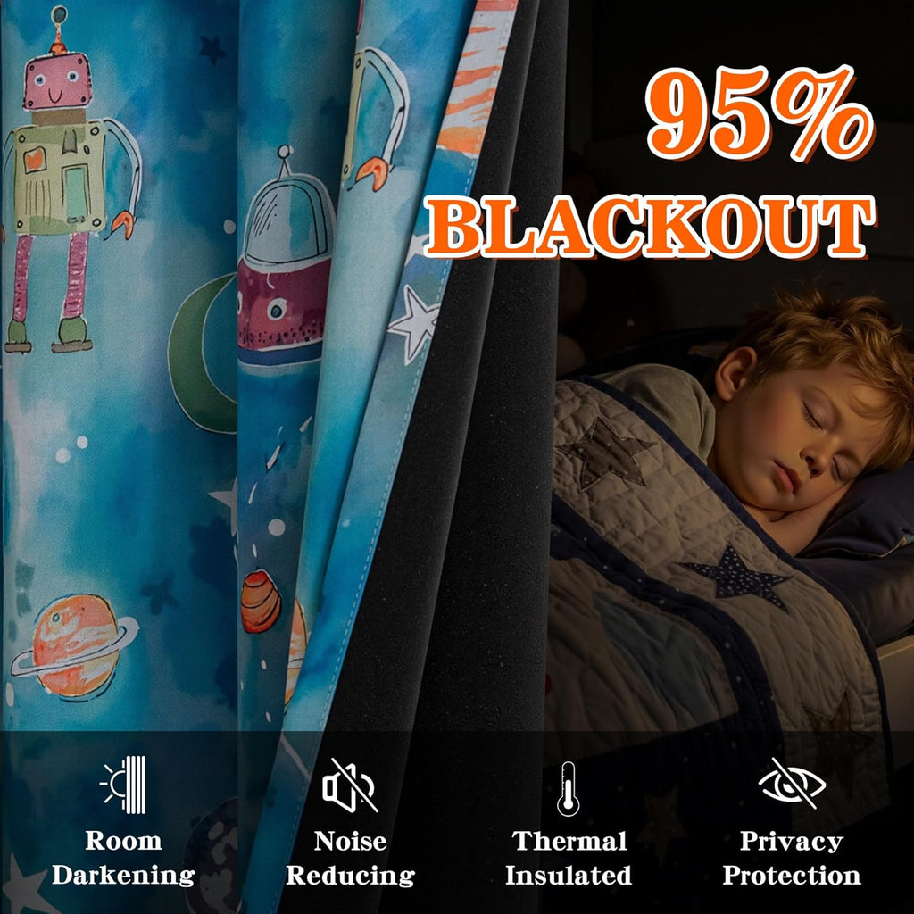 MYSKY HOME Boys Blackout Curtains 84 Inch Long 2 Panels Set 95% Light Blocking Noise Reduction Planet Astronaut Printed Grommet Drapes for Kids Nursery Bedroom Playroom, Each Panel 52" W, Blue