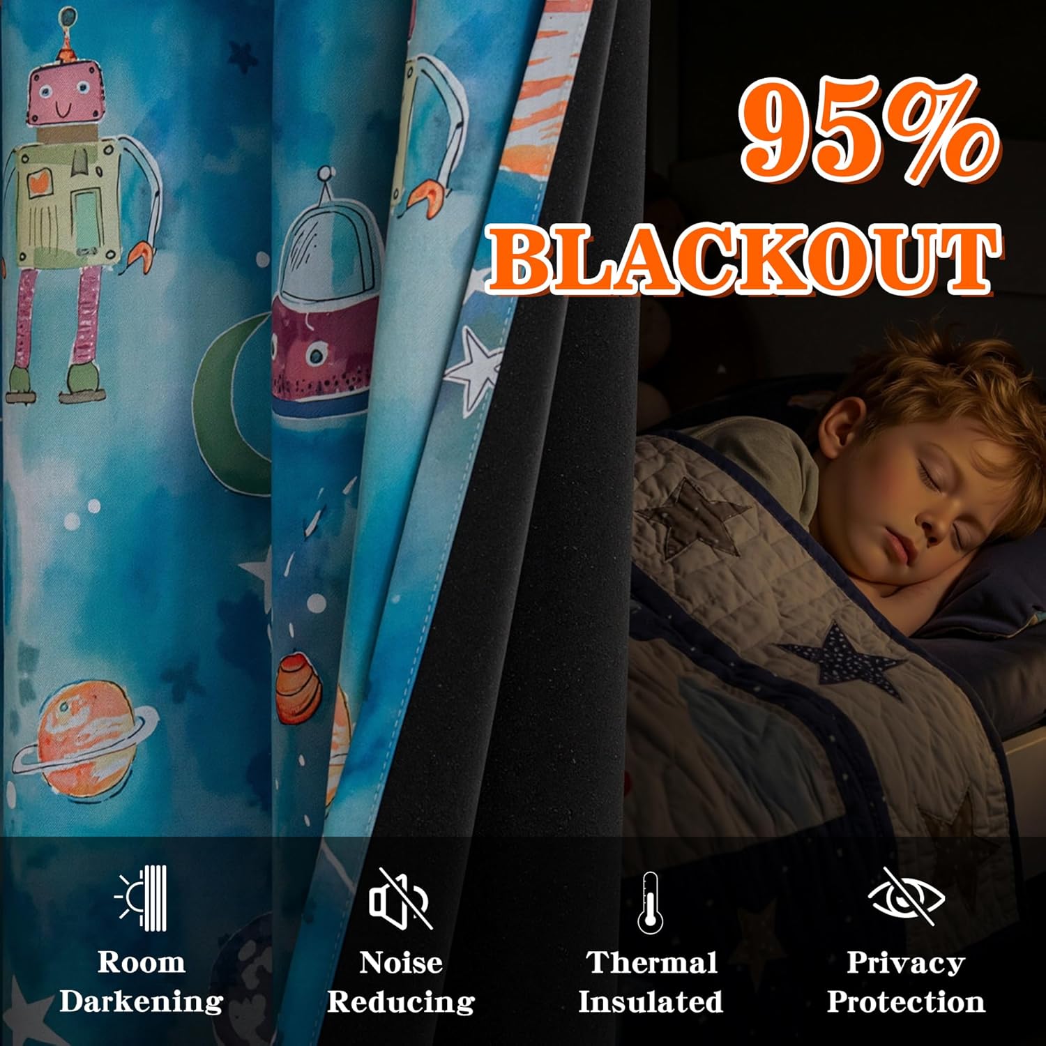 MYSKY HOME Boys Blackout Curtains 84 Inch Long 2 Panels Set 95% Light Blocking Noise Reduction Planet Astronaut Printed Grommet Drapes for Kids Nursery Bedroom Playroom, Each Panel 52" W, Blue