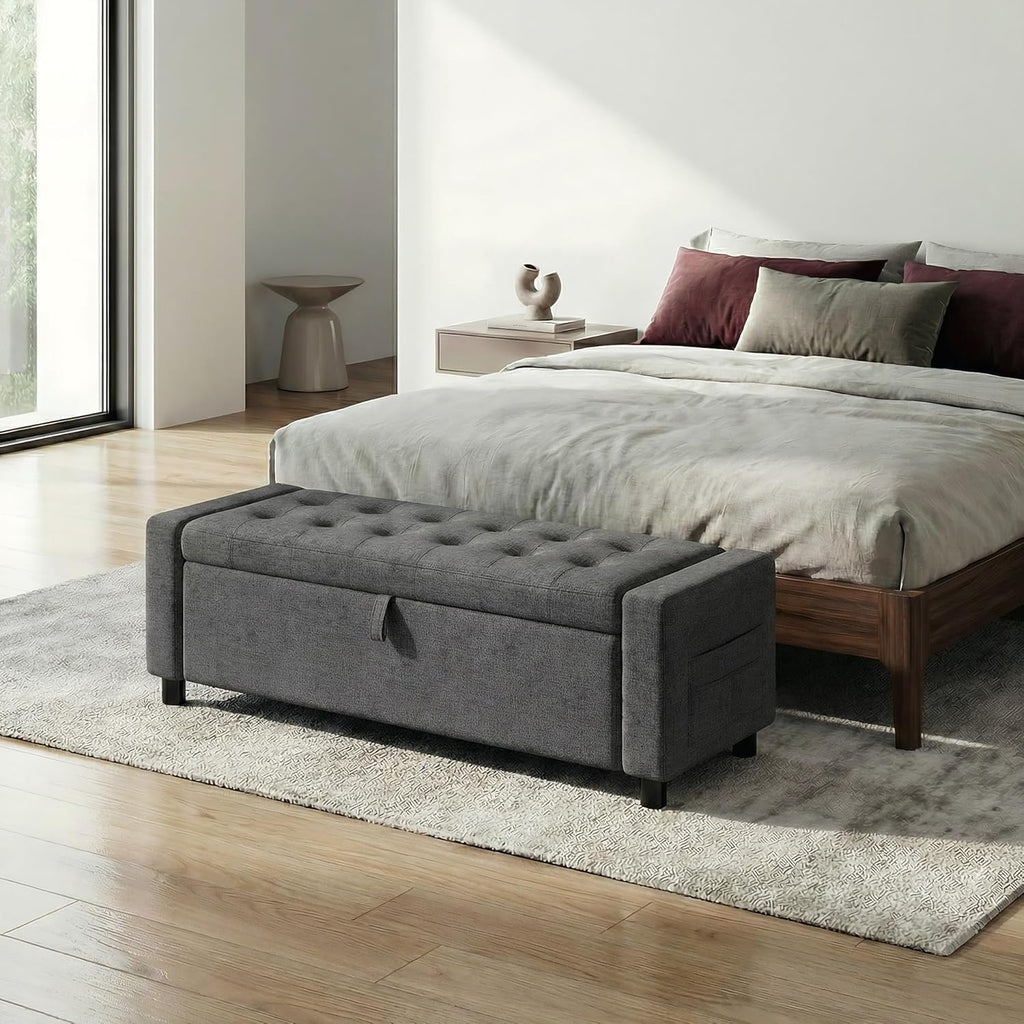 Amada 46" Ottoman with Storage,Storage Ottoman Bench with Safety Hinge, Hidden Compartment & Side Pocket, 400 lbs Weight Capacity, end of Bed/Entryway Bench for Bedroom/Living Room, Dark Gray