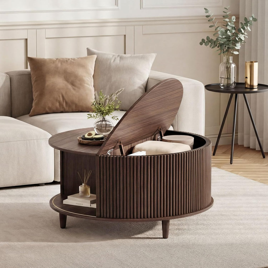 Round Coffee Table with Storage, 31.5" Center Table for Living Room, Mid Century Modern Coffee Tables for Living Room, Compact Small Coffee Table with Hidden Storage, Adjustable Feet, Walnut