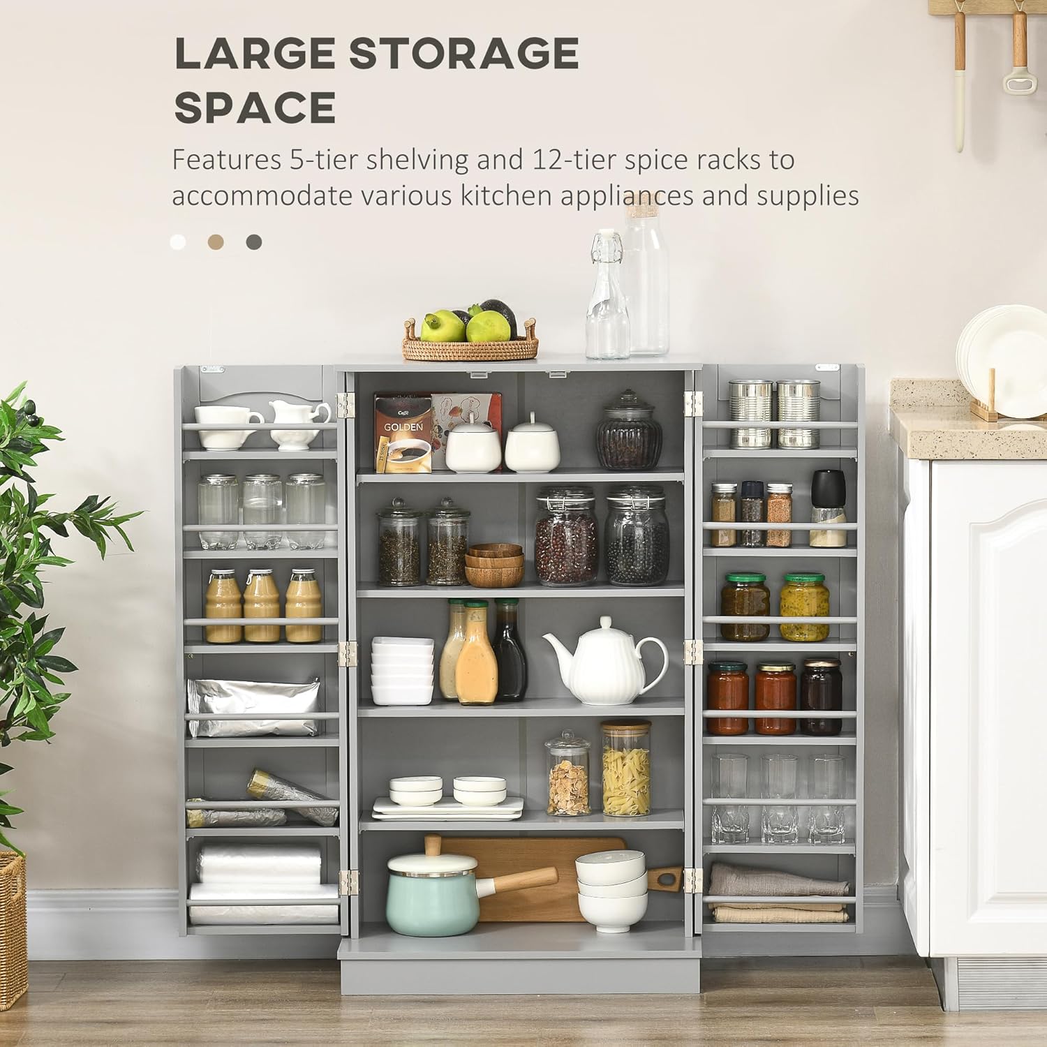30" D*16" W*72.5" H Freestanding Kitchen Pantry with 4 Adjustable Shelves, 2 Double Doors, Rectangular Storage Cabinet, Traditional, for Living Room, Dining Room, Black