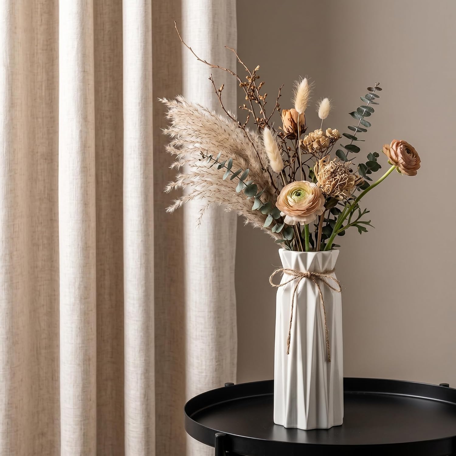 Small Vase White Ceramic Jute Rope Simple Vases for Home Decor Minimalist Modern Flower Vase Elegant Decorative Glossy Vase for Pampas Grass, Office, Living Room, Mantel and Bedroom Décor