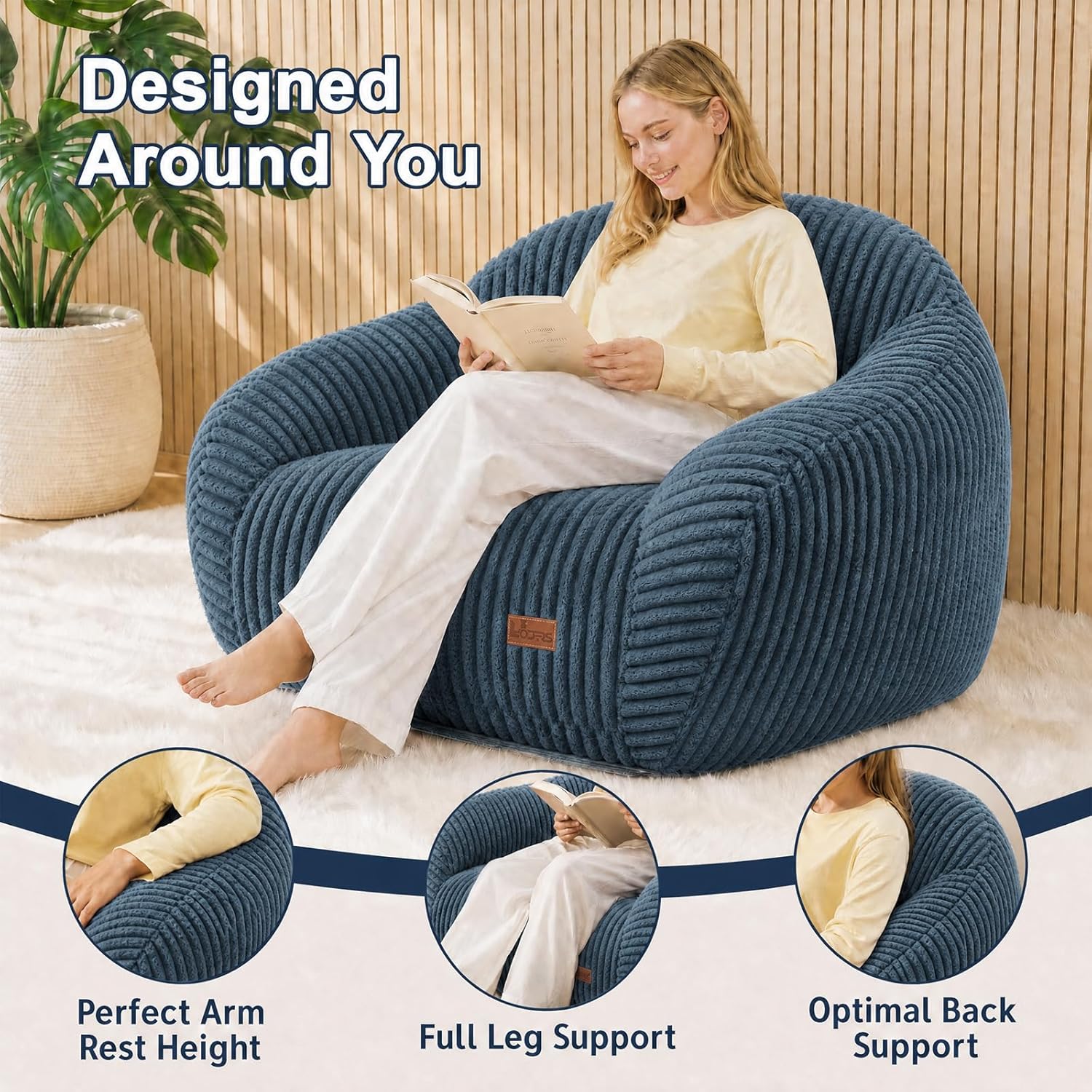 Bean Bag Chair with Armrests, Comfy Corduroy Bean Bag with Removable Cover, Handle for Adults, Oversized Floor Beanbag Couch for Living Room Bedroom Dorm (XL-Blue)