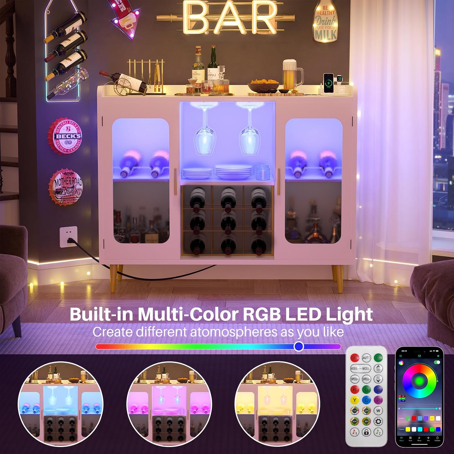 iSunirm Wine Bar Cabinet with Power Outlet, Liquor Cabinet Bar with LED Light and Glass Holder, Home Coffee Bar Cabinet, Buffet Sideboard with Storage Shelf for Kitchen, Dining Room, White