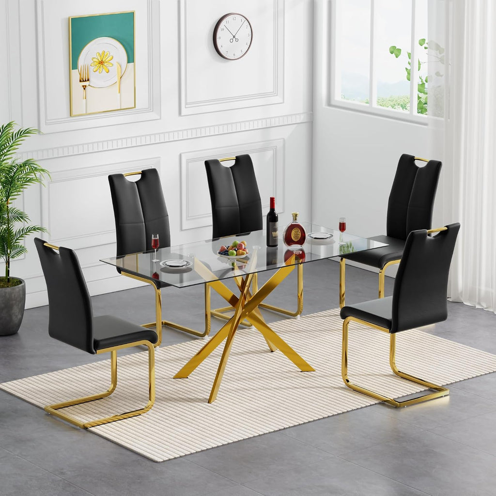 Modern Dining Table for 6 People, 51" Rectangle Dining Room Table with Gold Chrome Metal X-Base, Rectangular Tempered Glass Dining Table, Kitchen Dining Room Tables Luxury Dinner Table