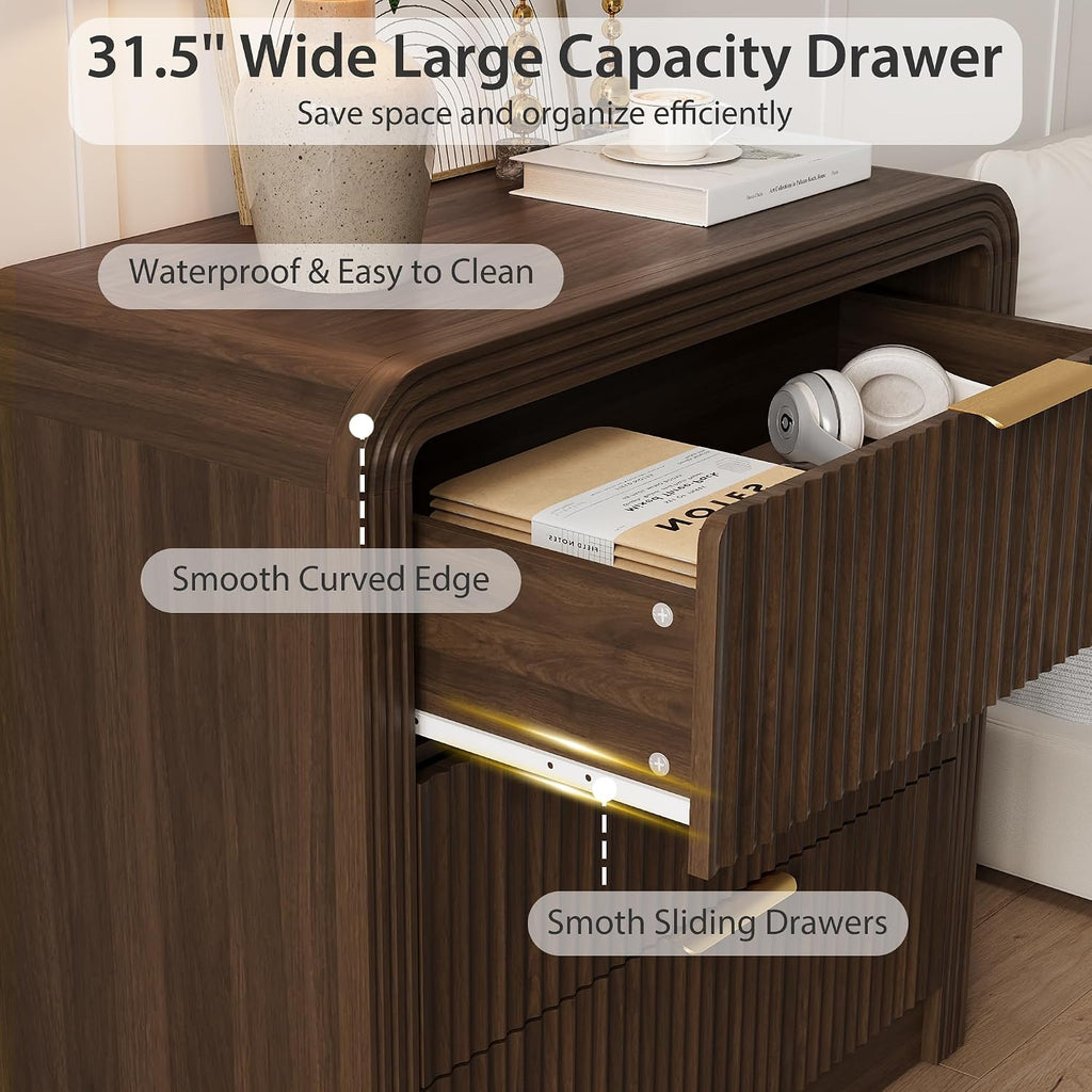 31.5" Wide Oversized Fluted Nightstand, Curved Profile Design, Modern Beside Table with 3 Large Storage Drawers, End Table for Bedroom (Walnut) | Modern Beside Table with Curved Profile Design, End Table for Bedroom