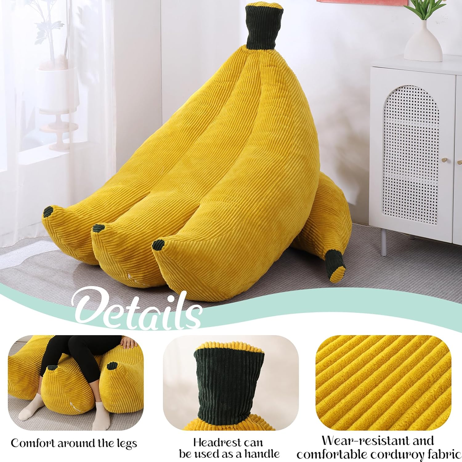 Banana Chaise Lounge Sofa Chair for Living Room, Bean Bag Chair with Ottoman, Floor Sofa Bed with Footrest, Comfy Convertible Lounger, Plush Couch for Bedroom, Dorm (Yellow, King)