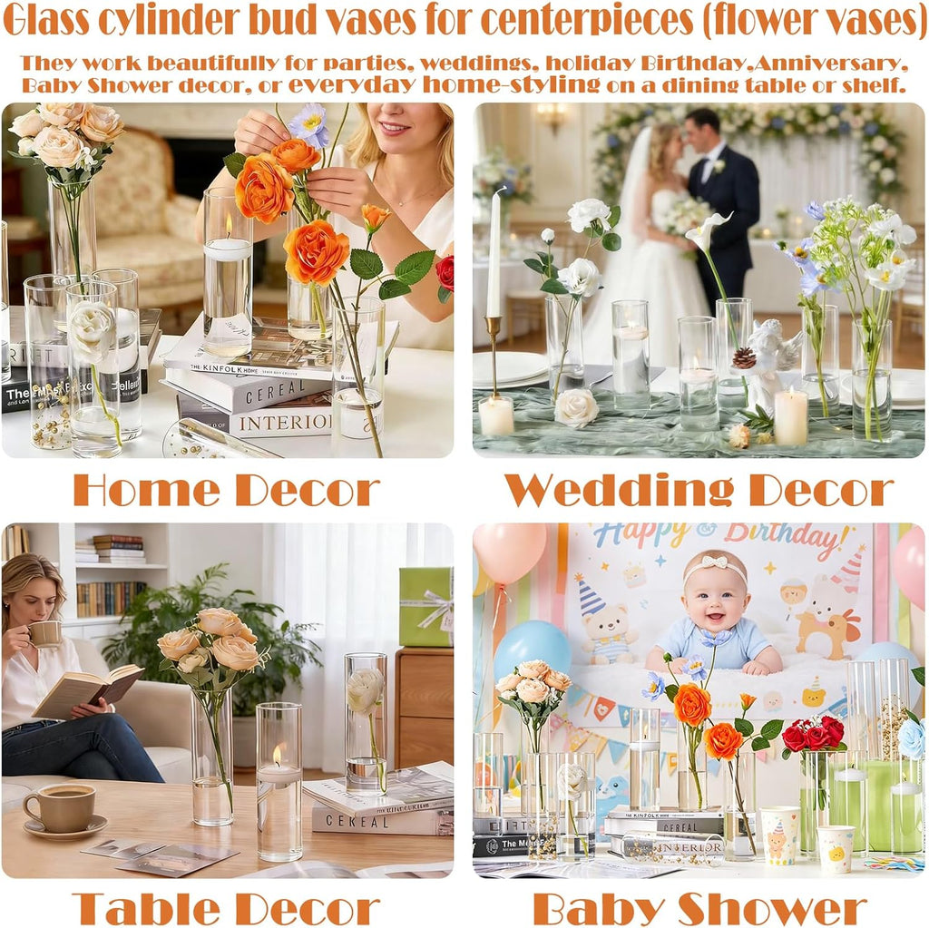16Pcs Glass Cylinder Bud Vases for Centerpieces,7.7 In Tall Clear Flower Vases in Bulk,Glass Small Vases Floating Candle Holder for Party,Home Decor,Wedding Decoration,Birthday,Anniversary,Baby Shower