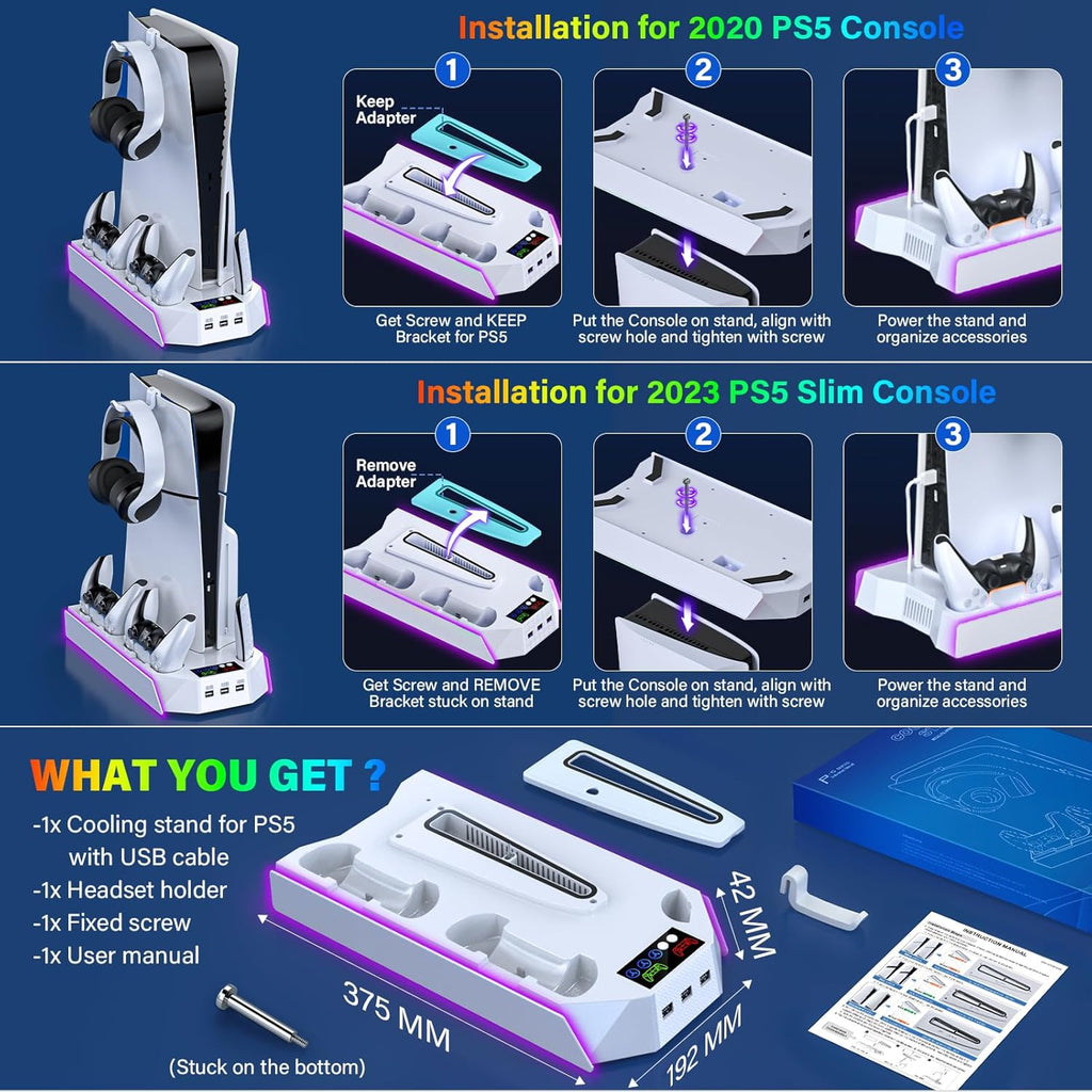 PS5/PS5-Slim-Cooling-Station-with-Controller-Charging-Station for Playstation 5 Console Disc/Digital, LED Light Cooling Stand with Cooler Fan for PS5 Accessories with 3 USB Hubs/Headset Holder