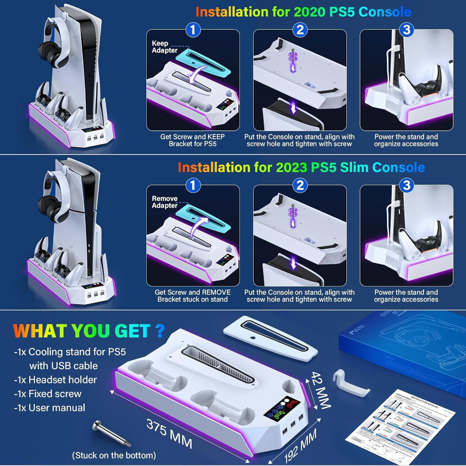 PS5/PS5-Slim-Cooling-Station-with-Controller-Charging-Station for Playstation 5 Console Disc/Digital, LED Light Cooling Stand with Cooler Fan for PS5 Accessories with 3 USB Hubs/Headset Holder