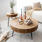 COZAYH 2-Piece Round Nesting Coffee Table Set, Natural Wood Top with Black Metal Legs, Ring Pattern – Rustic Farmhouse Accent for Living Room or Bedroom – Space-Saving Modern Furniture