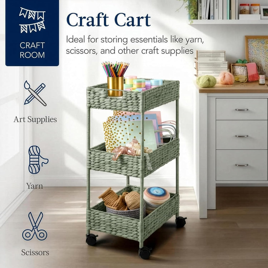 Best Choice Products 3-Tier Water Hyacinth Rolling Nursery Caddy w/Wheels, Utility Cart, Storage Organization for Bathroom, Craft Room, Laundry Room - Sage