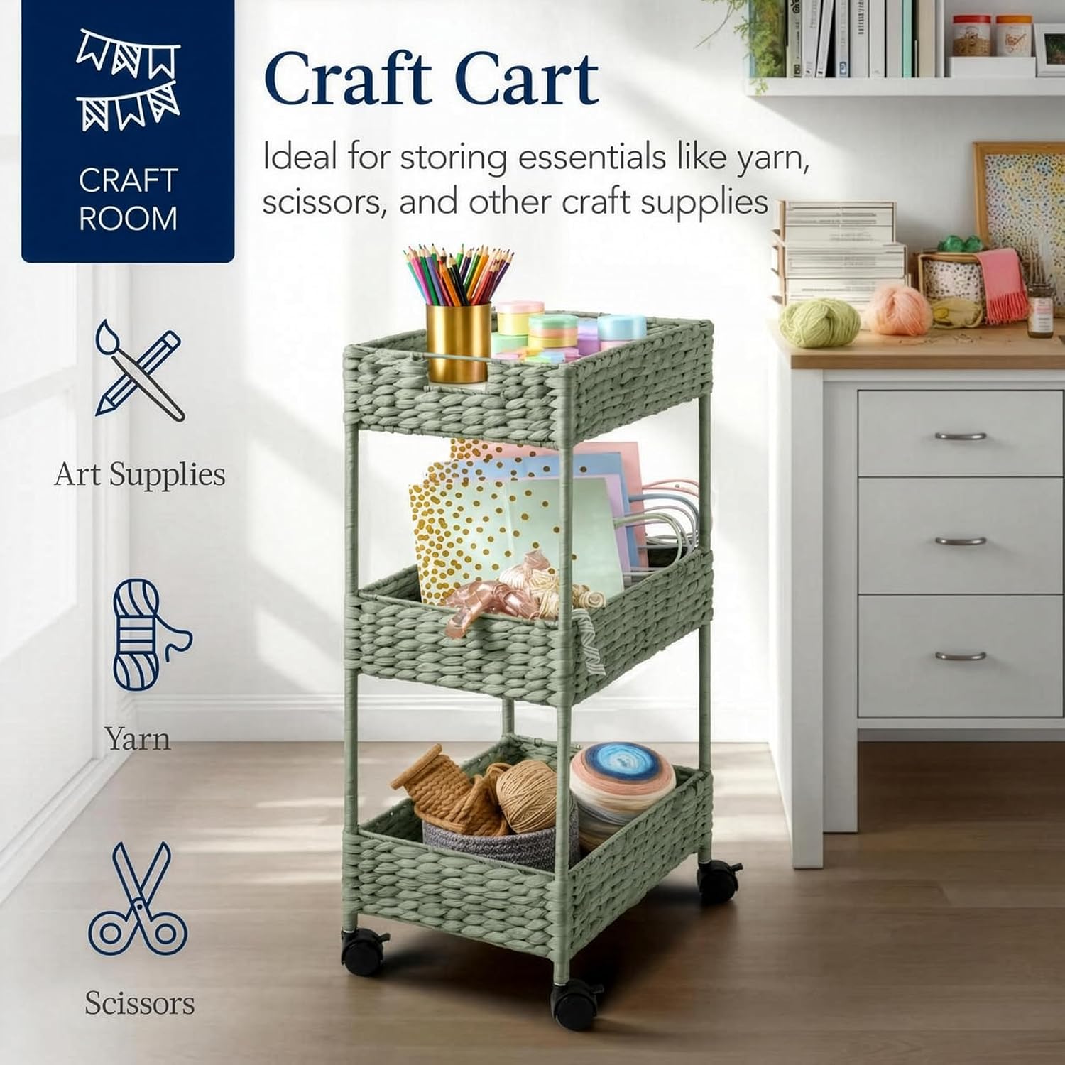 Best Choice Products 3-Tier Water Hyacinth Rolling Nursery Caddy w/Wheels, Utility Cart, Storage Organization for Bathroom, Craft Room, Laundry Room - Sage