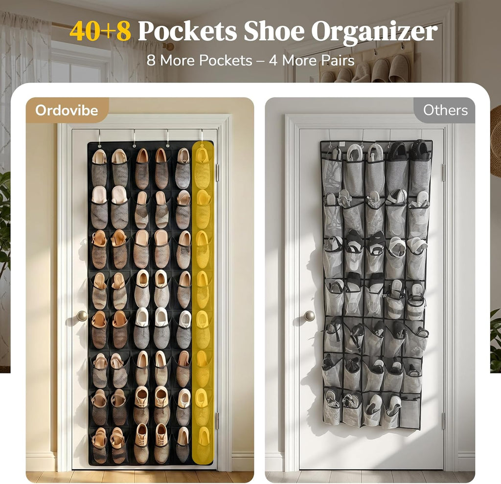 48 Pockets Over the Door Shoe Organizer, Large Mesh Hanging Shoe Rack, 6-Column Heavy Duty Shoe Storage for Sneakers and Heels, Behind Door Holder for Entryway Bedroom Dorm College, Black