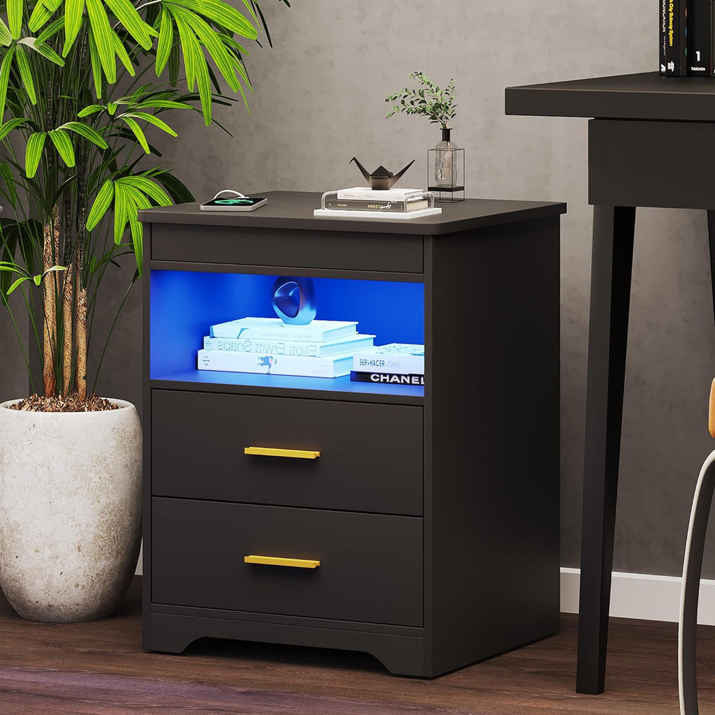 Night Stand with Gun Drawer, Charging Bedside Table with USB & Type-C Port, LED Nightstand with Human Sensor Light, Modern End Table with Drawers for Bedroom Office, Black