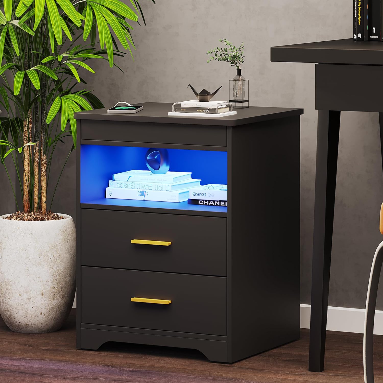 Night Stand with Gun Drawer, Charging Bedside Table with USB & Type-C Port, LED Nightstand with Human Sensor Light, Modern End Table with Drawers for Bedroom Office, Black