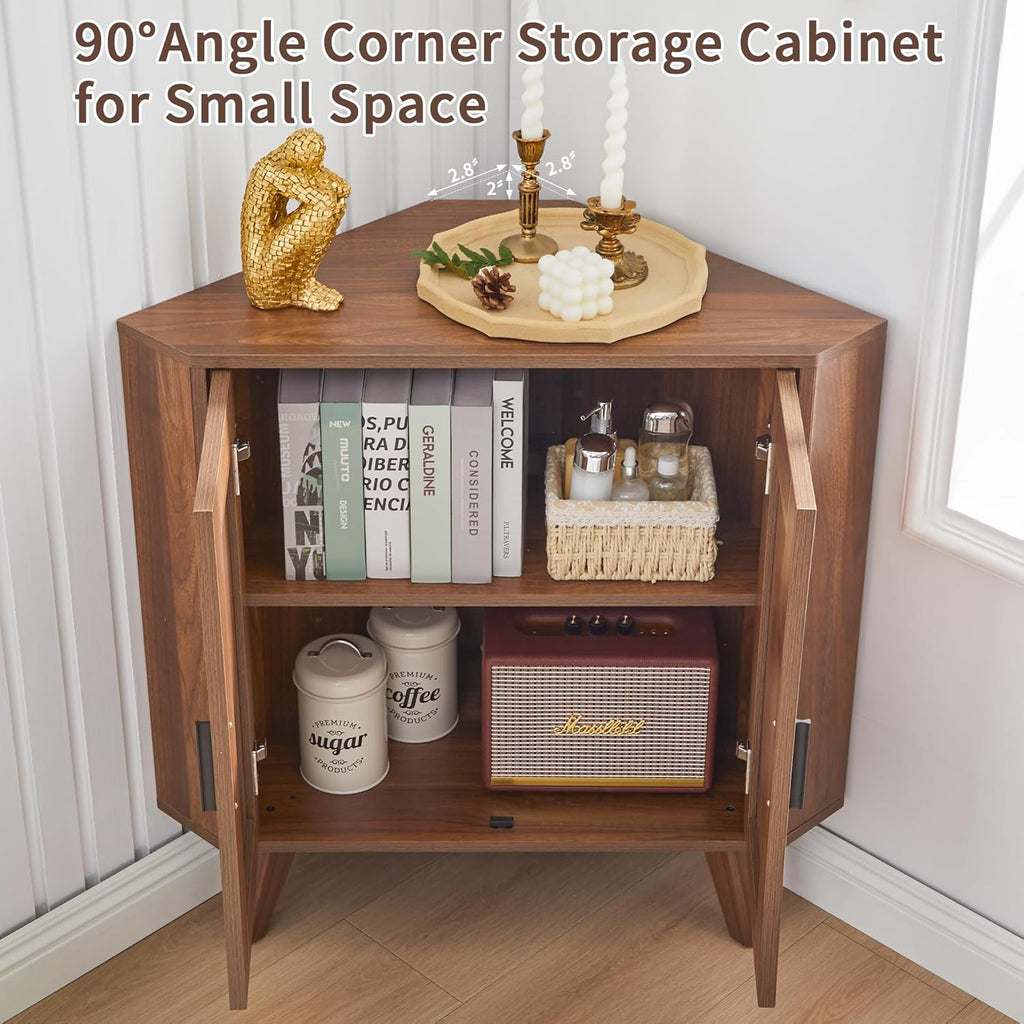 BERRYMERRY Fluted Corner Cabinet with Storage,Space Saving Corner Floor Cabinet with Adjustable Shelve & Arched Profile Door for Living Room Kitchen Bathroom (Brown, 15.7”D x 31.5”W x 30.7”H)