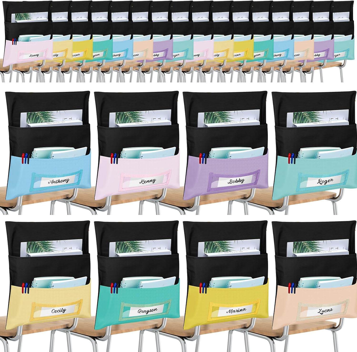 Maitys 24 Pcs Chair Storage Pocket 16 x 19 Inch Large Chair Pocket Classroom Seat Organizer 8 Color Seat Storage with Name Tag Slot for School Classroom Student Kindergarten (Macaron Color)