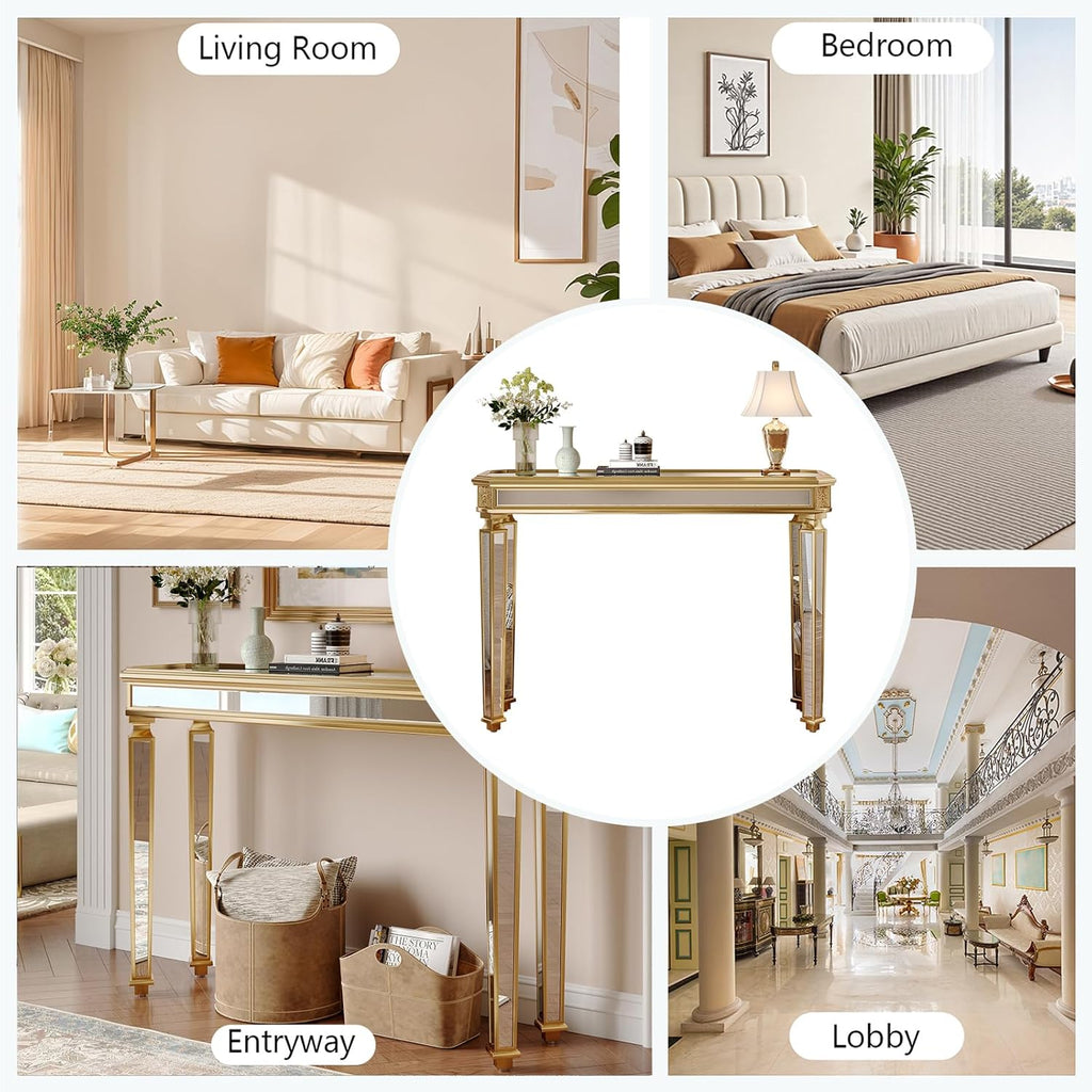Gold Mirrored Console Table, 48" Rectangle Glass Sofa Table with Mirrored Vintage Carved Elements,Modern Luxury Mirror Furniture for Living Room Foyer Entrance Entryweay Hallway