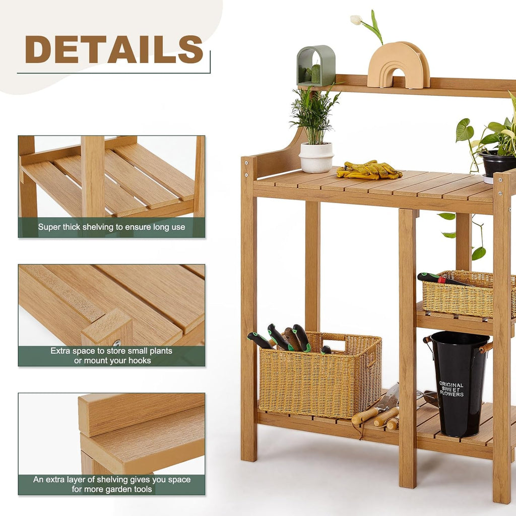 LMP Potting Bench, HDPS Potting Bench Table, 37.5’’x17.5x50' (LxWxH) All Weather Potting Table Work Station for Outside Gardening, Like Teak Wood