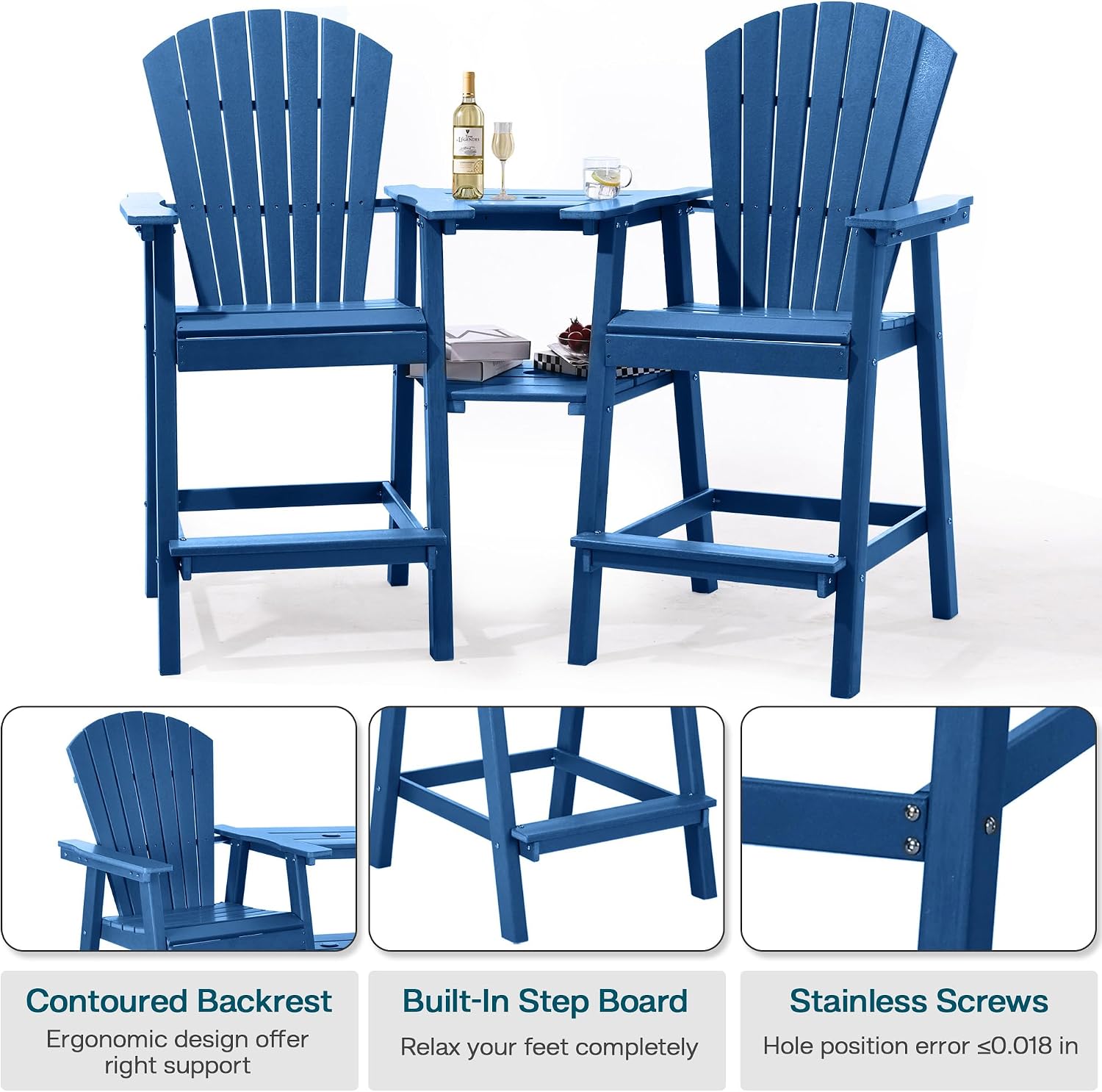 NAVINE Tall Adirondack Chairs Set of 2, HDPE Balcony Chair with Double Connecting Tray, Weather Resistant Outdoor Adirondack Bar Stools for Patio, Deck, Patio, Backyard, Balcony.(Navy Blue)