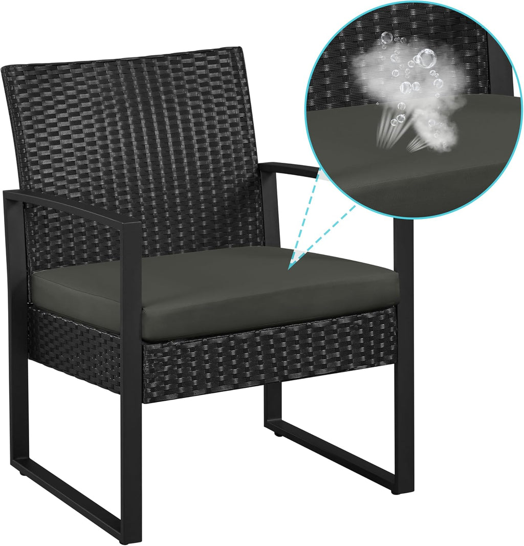 Yaheetech 3 Pieces Rattan Bistro Set, Indoor/Outdoor Wicker Patio Modern Conversation Furniture, 2 Chairs & Tempered Glass Coffee Table for Garden, Balcony, Backyard, Poolside, Black/Gray