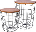 Elevon Wire Basket Base with Wood Tops Side Table Set of 2, Brown