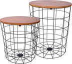 Elevon Wire Basket Base with Wood Tops Side Table Set of 2, Brown