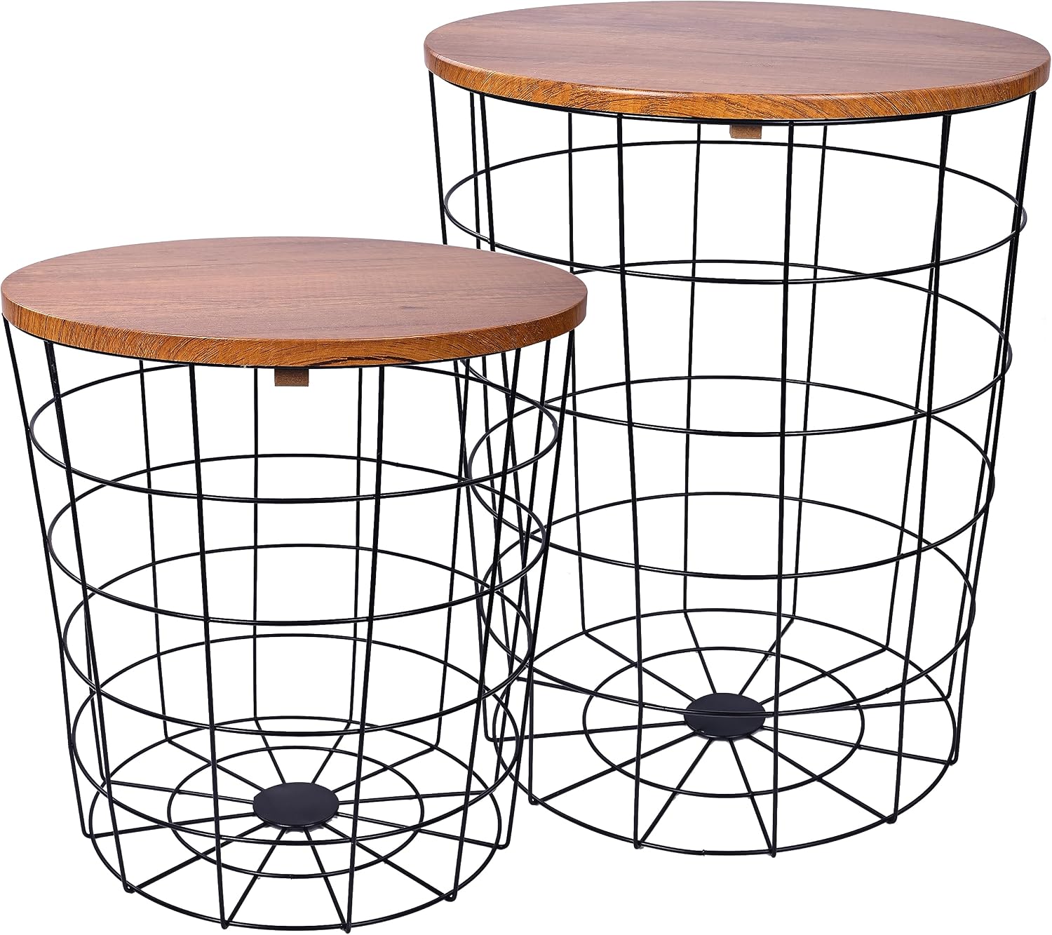 Elevon Wire Basket Base with Wood Tops Side Table Set of 2, Brown