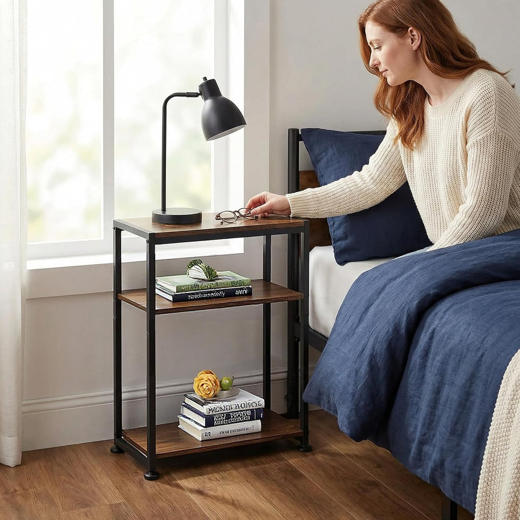 Seydrey 3 Tier End Table with Fabric Drawer, Small Side Table for Small Space, Sofa Table with Storage Shelf for Living Room, Bedroom, Black (Brown)