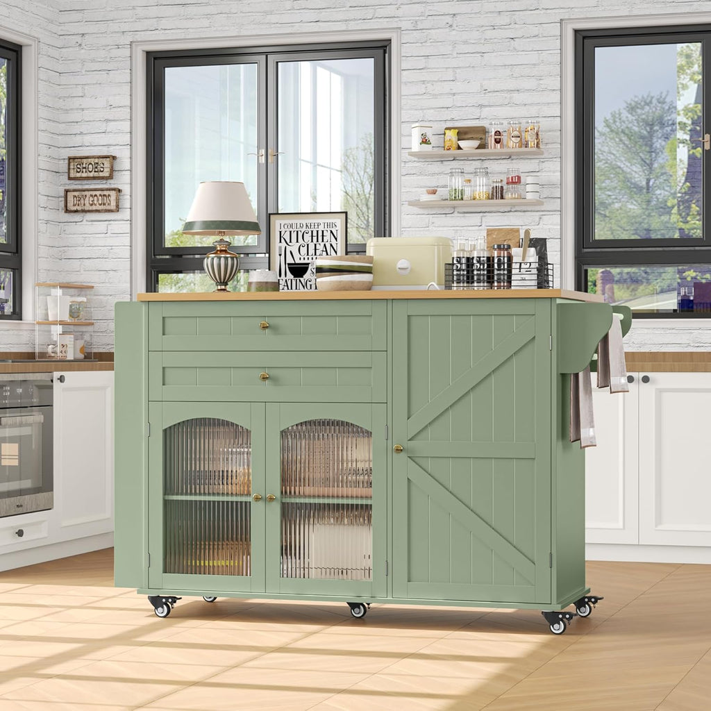 FINETONES Kitchen Island with Storage, Rolling Kitchen Island on Wheels with Wood Drop Leaf Countertop, Island Table Bar Cart with Spice Towel Rack Portable Kitchen Table Kitchen Carts on Wheels